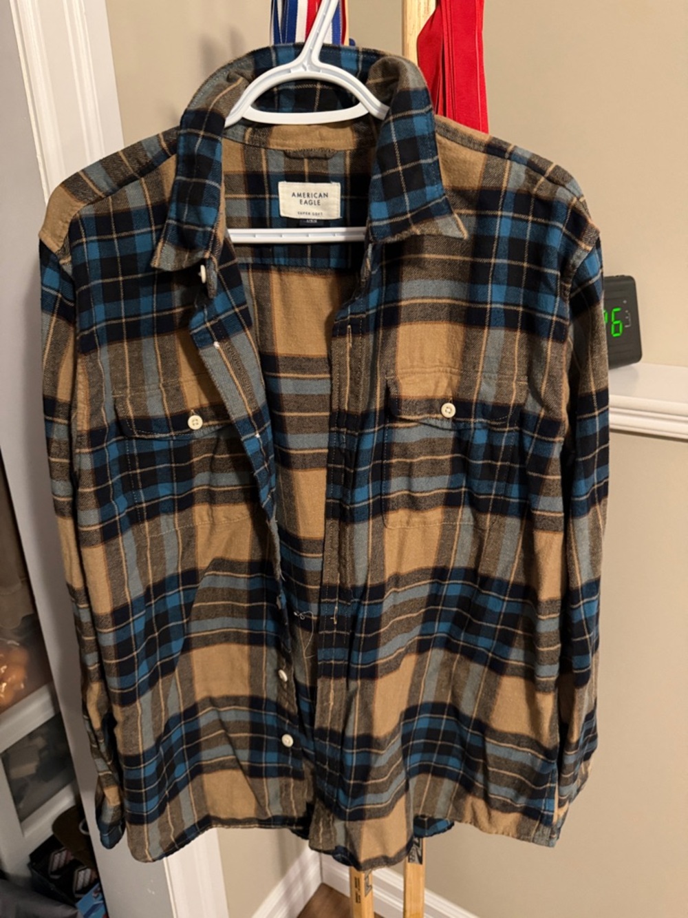 American Eagle Outfitters Tan and Blue Plaid Button-Up Shirt
